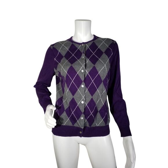 LANDS END Womens Size M Argyle Plaid Cardigan Sweater Long Sleeve Purple - Picture 1 of 8